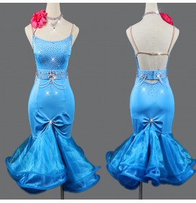 Women's rhinestones blue colored latin dance dresses with ruffles skirts competition salsa rumba chacha dance dress costumes