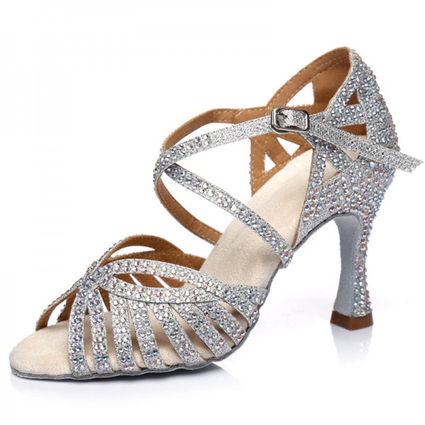 Women's rhinestones brown silver competition latin dance shoes ballroom ...
