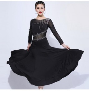 Women's rhinestones competition black colored ballroom dancing dresses waltz tango dance dresses