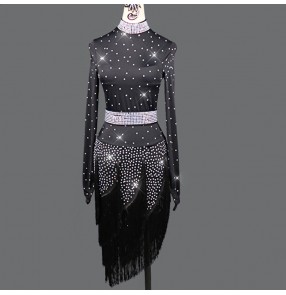 Women's rhinestones fringes competition latin dance dresses salsa rumba chacha dance costumes dress