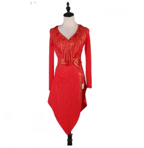 Women's rhinestones fringes red latin dance dresses long sleeves salsa rumba chacha dance dresses