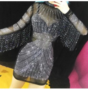 Women's rhinestones see through mesh jazz dance dresses singers host night club model performing dresses