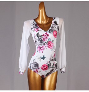 Women's rose floral ballroom dance bodysuits latin salsa chacha rumba dance jumpsuits leotards tops for female