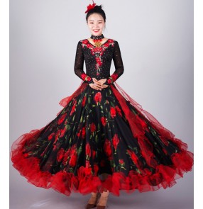 Women's rose flowers competition ballroom dancing dresses waltz tango flamenco stage performance dresses