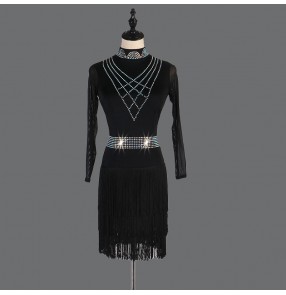 Women's royal blue black fringes competition latin dance dresses salsa rumba chacha dance dress