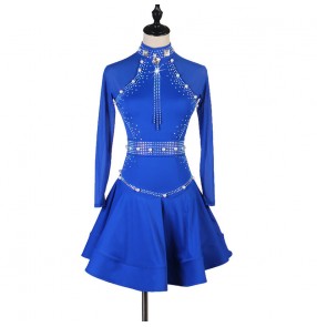 Women's royal blue black red rhinestones latin dance dresses salsa rumba chacha dance dresses 