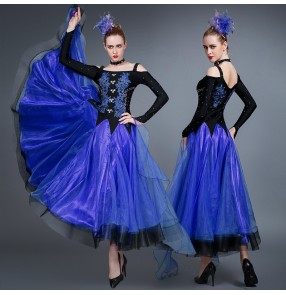 Women's royal blue competition ballroom dancing dresses waltz tango dance dresses long sleeves embroidered pattern ballroom dance dress for female
