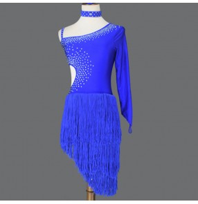 Women's royal blue fringes competition latin dance dresses stage performance rumba salsa chacha dance dress