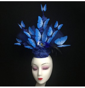 Women's royal blue headdress banquet pillbox hats butterfly singers host model show hair accessories 