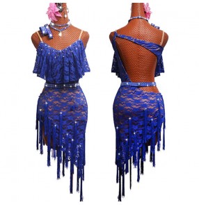 Women's royal blue lace latin dance dresses stage performance salsa rumba chacha dance dresses