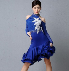 Women's royal blue red latin dance dresses salsa rumba chacha dance dress costumes