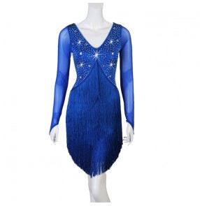 Women's royal blue rhinestones competition latin dance dresses salsa rumba chacha dance dresses