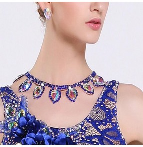 Women's royal blue rhinestones necklace for latin ballrom dance competition salsa chacha dance diamond choker