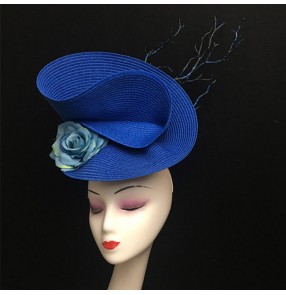 Women's royal blue stage performance model show pillbox hat headdress