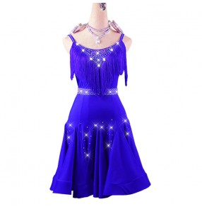 Women's royal blue tassels competition latin dance dresses robes de danse latine bleu royal