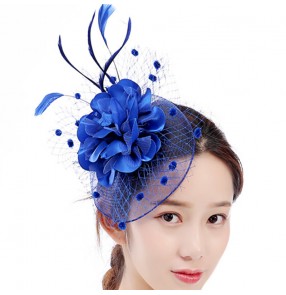 Women's royal blue wedding party pillbox hat banquet evening cocktail party fascinators veil hats hair accessories 