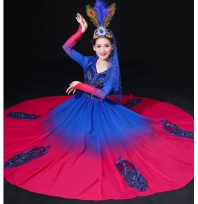 Women's royal blue with pink chinese folk dance costumes Xinjiang dance performance costume Uygur big swing skirt costumes