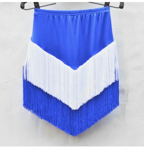 Women's royal blue with white tassels latin dance skirts salsa chacha dance skirts