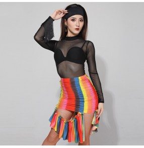 Women's sexy rainbow colored latin dance skirt see though tassels latin dance bodysuit stage performance latin dance costumes 
