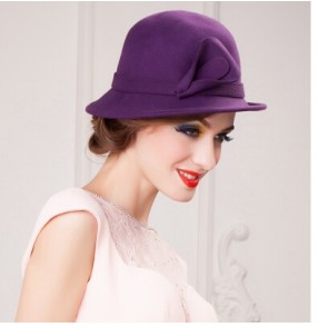 Women's short brim 100% wool handmade fedoras top race hat church hat one size violet 