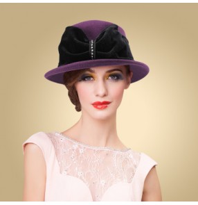 Women's short brim velvet bowknot vintage fedoras dress hat one size purple 