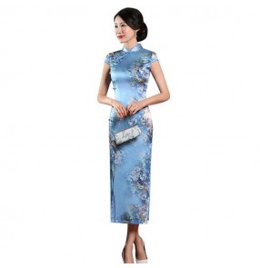 Women's silk blue printed chinese dresses chinese style retro traditional oriental qipao dresses cheongsam banquet evening cocktail party model dresses