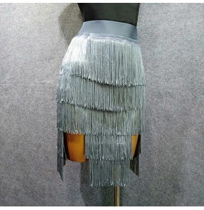 Women's silver black layers fringes latin dance skirt rhythm salsa rumba chacha dance skirts