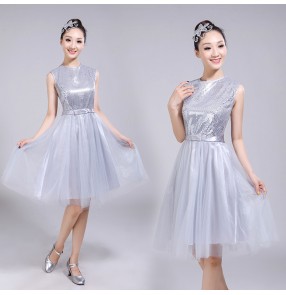 Women's silver chorus jazz singers dance dresses stage performance competition professional fairy cosplay dress