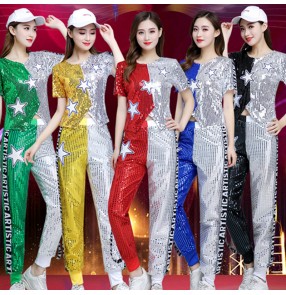 Women's silver gold blue sequins jazz dance costumes modern dance hiphop dance costumes cheer leaders night club bar singers dance tops and pants