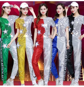 Women's silver gold blue sequins jazz dance costumes modern dance hiphop dance costumes cheer leaders night club bar singers dance tops and pants