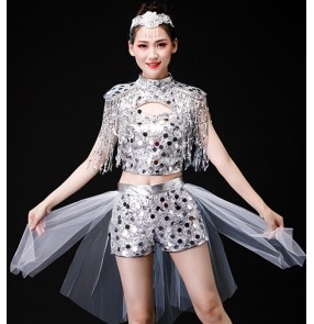 Women's silver jazz dance costumes hiphop dance costumes moedrn dance gogo dancers dj ds dance costumes