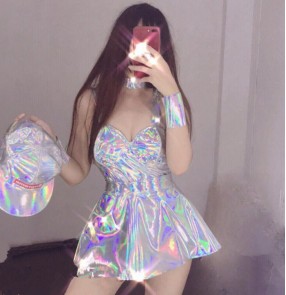 Women's silver lasers jazz dance costumes female night club dj ds pole dance gogo group dancers modern dance leotard top and skirts