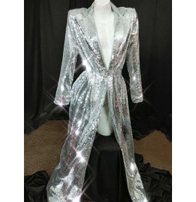 Women's silver sequin bling jazz dance long coats singer host model stage performance long cloak coats