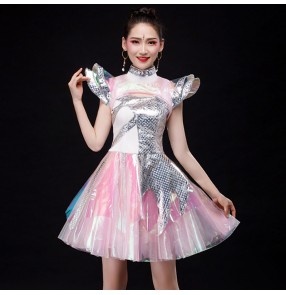 Women's silver with pink sequin jazz dance singers dance dress modern dance gogo dancers stage performance dresses