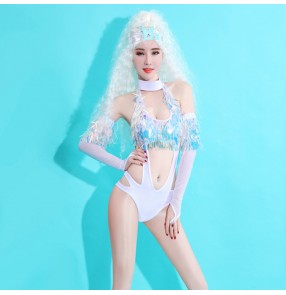 Women's singers gogo dancers jazz dance bodysuits white colored paillette stage performance modern dance night club dj pole dance costumes outfits
