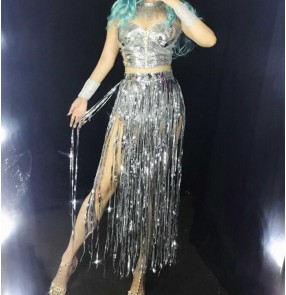 Women's singers gogo dancers jazz dance sequin fringes costumes night club dj ds show stage performance dresses outfits
