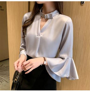 Women's spring blouse Korean style office work shirt flare sleeves tops ruffled V-neck design shirt blouse