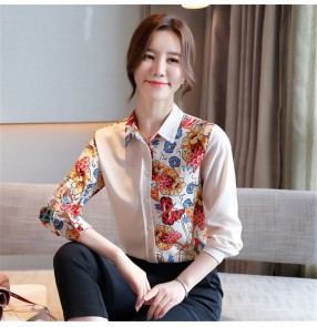 Women's spring Printed flowers satin shirt  office lady work shirt long-sleeved tops for female