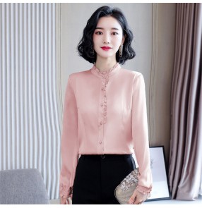 Women's Spring Satin shirts office work blouses fashion ruffle blouse long sleeve Dress shirt