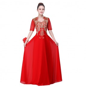 Women's stage performance long dress royal blue red white singers chorus opening dancing party celebration photos performance dreses