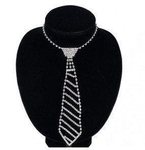 Women's stage performance silver rhinestone neck tie long necklace women's bow tie fashion diamond tie necklace