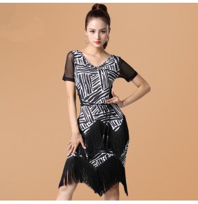 Women's striped printed latin dance dresses salsa rumba chacha dance dress costumes