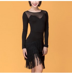 Women's tassels competition black red latin dance dresses long sleeves salsa chacha rumba dance dress training exercises costumes for female