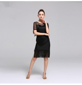 Women's tassels competition latin dance dresses black red rumba chacha salsa dance skirts costumes dress