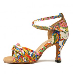 Women's totem printed latin dance shoes ballroom tango waltz dance shoes sandals 7.5cm heel 