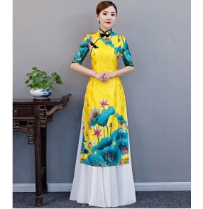 Women's traditional Chinese dresses yellow printed qipao cheongsame evening dresses