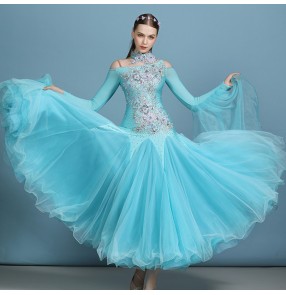 Women's turquoise embroidered competition ballroom dancing dresses waltz tango performance dresses