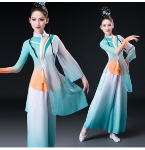 Women's turquoise gradient fairy Chinese ancient traditional classical dance costumes fairy umbrella dance dress