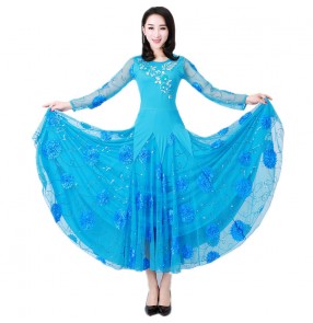 Women's turquoise long sleeves flowers ballroom dancing dresses flowers sequins practice tango waltz dance dresses