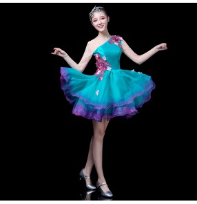 Women's turquoise modern dance dresses jazz singers host stage performance gogo danacers stage performance dresses